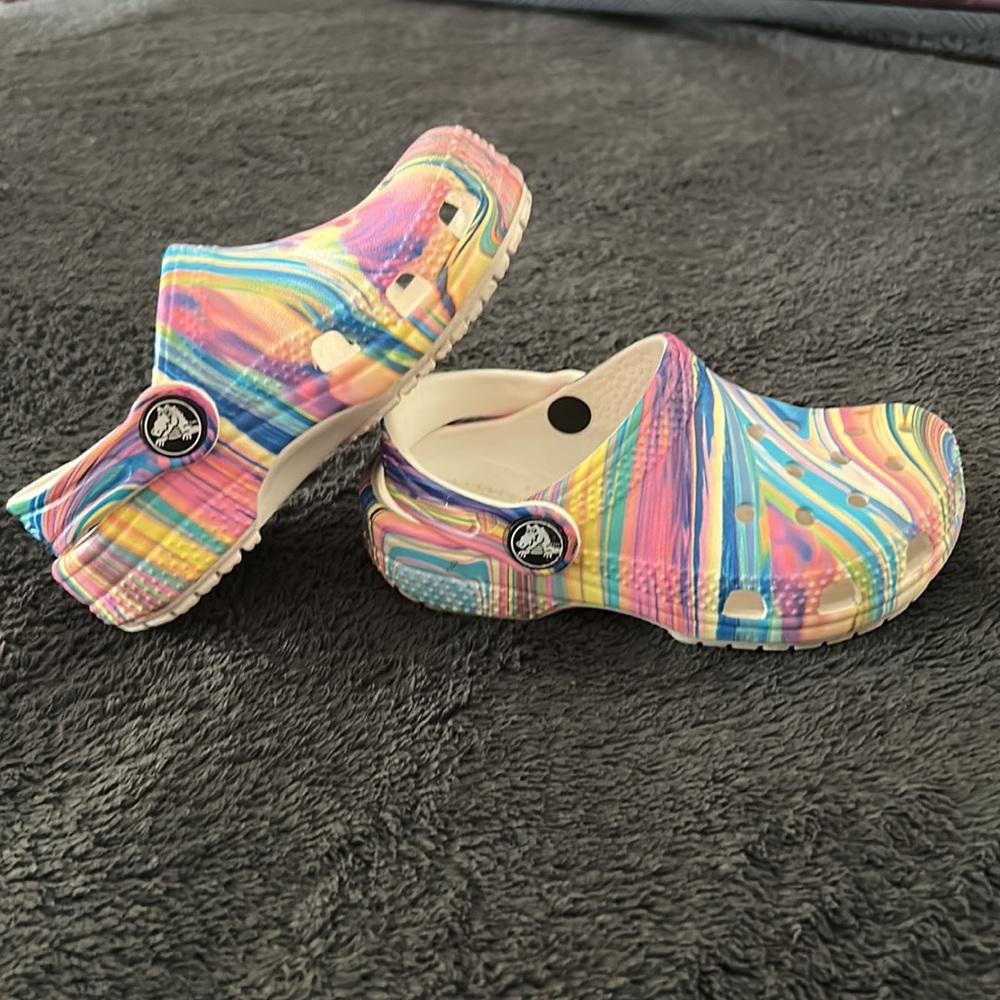 Toddler multi color crocs- very gently used sz8